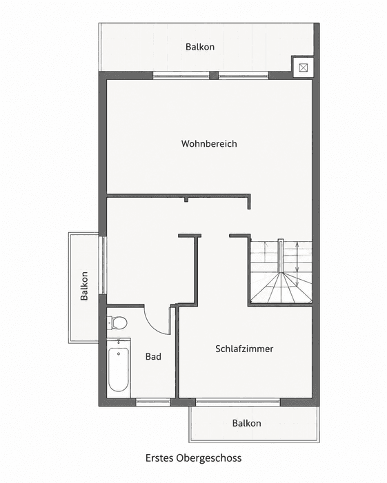 Grundriss erstes Obergeschoss mit Wohnbereich, Schlafzimmer, Bad und drei Balkonen